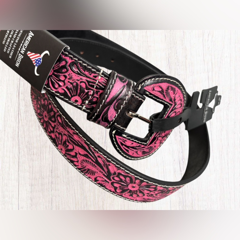 American Bison Women’s Leather Floral Tooled Belt - Picture 8 of 8